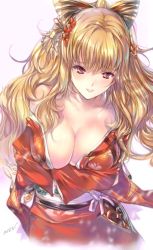 Rule 34 | 10s, 1girl, artist name, blonde hair, blush, bow, bowtie, breasts, cleavage, crossed arms, granblue fantasy, hair ornament, japanese clothes, kimono, kimono pull, large breasts, long hair, looking at viewer, min-naraken, obi, open mouth, red eyes, red kimono, sash, signature, simple background, smile, solo, vira (granblue fantasy), white background