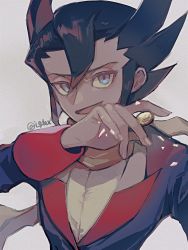 Rule 34 | 1boy, :d, black hair, black jacket, blue eyes, coin, commentary request, creatures (company), game freak, grey background, grimsley (pokemon), holding, holding coin, i g1ax, jacket, looking at viewer, male focus, nintendo, open mouth, pokemon, pokemon bw, scarf, shirt, short hair, smile, solo, spiked hair, tongue, twitter username, upper body, white shirt, yellow scarf