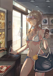 Rule 34 | 1girl, :d, ahoge, bag, bag charm, bare arms, bare shoulders, bikini, blue ribbon, bracelet, breasts, breasts apart, brown hair, ceiling light, cellphone, charm (object), collarbone, contrapposto, counter, cowboy shot, cup, day, disposable cup, door, hair ornament, hair ribbon, hairclip, halterneck, handbag, holding, holding cup, holding phone, indoors, jewelry, long hair, mai (xskdizzy), medium breasts, mole, mole under eye, navel, necklace, open mouth, phone, ponytail, reflective floor, ribbon, shopping, side-tie bikini bottom, sidelocks, sign, smartphone, smile, solo focus, standing, stomach, string bikini, sunlight, sweat, swimsuit, underboob, vending machine, washing machine, white bikini, white ribbon, yellow eyes