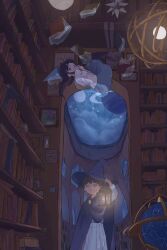 Rule 34 | 2girls, armillary sphere, black hair, blue eyes, book, bookshelf, brown hair, bug, butterfly, celestial globe, cloak, cloud, commentary, conical hat, covering own mouth, english commentary, fantasy, floating, flower, globe, green eyes, hat, hiding, high heels, highres, holding, holding lantern, indoors, insect, lantern, levitation, library, long hair, long sleeves, magic, multiple girls, night, night sky, open book, original, picture frame, planet, planetary ring, plant, potted plant, scenery, seoby, shelf, shirt, shoes, short hair, short sleeves, signature, skirt, sky, standing, star (sky), starry sky, unamused, white shirt, wide shot, witch, witch hat