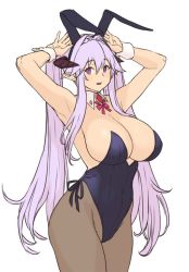Rule 34 | 1girl, animal ears, armpits, arms up, breasts, cleavage, covered navel, cowboy shot, demon girl, demon horns, demon maid (houtengeki), detached collar, fake animal ears, flat color, from side, grey pantyhose, hair between eyes, hair intakes, horns, houtengeki, large breasts, leotard, long hair, open mouth, original, pantyhose, playboy bunny, pointy ears, purple eyes, purple hair, rabbit ears, rabbit pose, sidelocks, simple background, solo, standing, strapless, strapless leotard, thighs, twintails, very long hair, white background, wrist cuffs