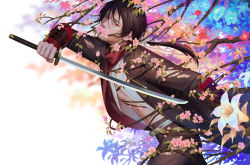 Rule 34 | 10s, 1boy, armor, brown hair, earrings, flower, japanese armor, jewelry, kashuu kiyomitsu, katana, kote, long hair, male focus, navel, open clothes, open shirt, penguin frontier, ponytail, red eyes, red scarf, scarf, shirt, solo, sword, touken ranbu, branch, weapon