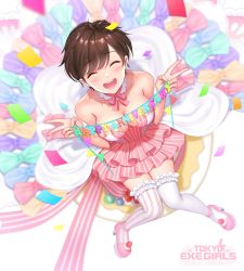 Rule 34 | 1girl, absurdres, anniversary, bare shoulders, blush, bow, bowtie, breasts, brown hair, cleavage, closed eyes, commentary request, confetti, detached collar, dress, frills, full body, highres, large breasts, layered skirt, logo, long hair, official art, open mouth, platform footwear, re:shimashima, shiny skin, short dress, simple background, sitting, skirt, smile, solo, strapless, strapless dress, striped clothes, striped dress, striped thighhighs, thighhighs, tokyo exe girls, v, vertical-striped clothes, vertical-striped dress, vertical-striped thighhighs, white background, zettai ryouiki