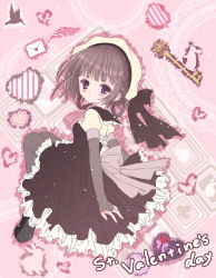 Rule 34 | 1girl, bird, bow, brown hair, rabbit, clover, clubs, dress, envelope, frills, gloves, hat, heart, highres, jewelry, key, letter, mary janes, mubi alice, original, pantyhose, purple eyes, ring, shoes, solo, spade, stitches, valentine