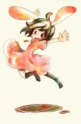 Rule 34 | 1girl, animal ears, brown eyes, brown hair, carrot, carrot necklace, deko, female focus, inaba tewi, jewelry, jumping, necklace, open mouth, painting (medium), rabbit ears, short hair, smile, socks, solo, touhou, traditional media, watercolor (medium)