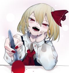Rule 34 | 1girl, arm rest, black vest, blush, bow, collared shirt, commentary request, fangs, feeding, hair bow, hair ribbon, highres, ikurauni, long sleeves, nail polish, open mouth, platinum blonde hair, red eyes, red nails, ribbon, rumia, shirt, short hair, solo, spoon, touhou, vest, white background, white shirt
