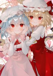 Rule 34 | 2girls, absurdres, ascot, bat wings, blonde hair, blush, brooch, closed mouth, commentary request, cowboy shot, crystal, dress, flandre scarlet, floral background, hands on own cheeks, hands on own face, hat, highres, hug, huge filesize, jewelry, juliet sleeves, long sleeves, looking at viewer, mob cap, multiple girls, omodaka romu, pink dress, puffy sleeves, red ascot, red dress, red eyes, remilia scarlet, short hair, siblings, sisters, smile, touhou, upper body, white headwear, wings, yellow ascot