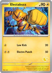 Rule 34 | artist name, black fur, black tail, body fur, card (medium), character name, clenched hands, commentary request, copyright name, creatures (company), electabuzz, electricity, english text, fangs, full body, game freak, gen 1 pokemon, highres, hungry clicker, nintendo, official art, pokemon, pokemon tcg, punching, striped tail, tail, trading card, yellow fur, yellow tail