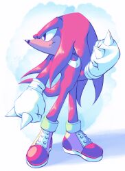 Rule 34 | 1boy, animal nose, arm at side, blue background, body fur, clenched hands, closed mouth, full body, furry, furry male, gloves, hand up, highres, knuckles the echidna, long hair, looking to the side, male focus, multicolored footwear, nano (nanolovesyou), profile, purple eyes, red fur, red hair, shoes, sidelocks, sideways mouth, snout, solo, sonic (series), spiked gloves, standing, tail, two-tone fur, white fur
