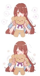 1girl, :o, ^ ^, ^o^, anam95, blouse, blush, closed eyes, cropped torso, doll, eyes closed, floral print, highres, holding, holding doll, idolmaster, idolmaster shiny colors, long hair, looking at viewer, motion lines, multiple views, osaki tenka, puffy short sleeves, puffy sleeves, red hair, shirt, short sleeves, smile, speech bubble, straight hair, striped, striped shirt, stuffed animal, stuffed toy, teddy bear, translated, upper body, very long hair, waving