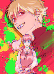 Rule 34 | 1boy, 1girl, bird, blonde hair, blood, blood splatter, bow, bowtie, bucky (chainsaw man), chainsaw man, chicken, chromatic aberration, denji (chainsaw man), dress, drgryu750, fourth east high school uniform, head, headless, highres, limited palette, long hair, looking at viewer, low twintails, mitaka asa, parted lips, pinafore dress, pink background, red eyes, school uniform, short hair, sleeveless, sleeveless dress, smile, stylized blood, twintails