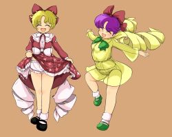 Rule 34 | 1980s (style), 2girls, :d, ^ ^, ayana (touhou), bad id, bad twitter id, black footwear, blonde hair, bloomers, bow, closed eyes, clothes lift, commentary request, dress, dress lift, closed eyes, full body, green bow, green footwear, happy, juliet sleeves, long sleeves, mary janes, midriff peek, multiple girls, navel, oldschool, open mouth, orange background, panties, puffy sleeves, purple hair, red bow, rengeteki (touhou), retro artstyle, see-through, see-through dress, shoes, short hair, simple background, smile, socks, standing, takemoto izumi (style), touhou, touhou (pc-98), underwear, white bow, yatyou, yellow dress