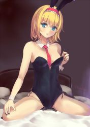 Rule 34 | 1girl, alice margatroid, alternate costume, animal ears, bare shoulders, bed, between breasts, black nails, blonde hair, blue eyes, blush, breasts, cleavage, clothes pull, culter, detached collar, eyeshadow, fake animal ears, hairband, highleg, highleg leotard, kneeling, leotard, leotard pull, lolita hairband, looking at viewer, makeup, nail polish, necktie, on bed, open mouth, pantyhose, parted lips, playboy bunny, rabbit ears, rabbit tail, red necktie, short hair, small breasts, solo, spread legs, tail, touhou, twitter username, wrist cuffs