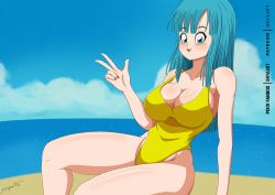 Rule 34 | 1girl, arm support, blue eyes, blue hair, blue sky, breasts, bryaxrt, cleavage, cowboy shot, curvy, dragon ball, dragonball z, female focus, highleg, highleg swimsuit, large breasts, long hair, looking at viewer, maron (dragon ball), matching hair/eyes, ocean, one-piece swimsuit, sky, smile, solo, swimsuit, v, yellow one-piece swimsuit