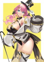 Rule 34 | 1girl, absurdres, arched back, black hat, black leotard, blue eyes, breasts, cane, cleavage, from side, gloves, hat, hat tip, highres, holding, holding cane, large breasts, leotard, looking at viewer, magician, original, pink hair, playboy bunny, simple background, skindentation, smile, solo, swept bangs, thick thighs, thighhighs, thighs, top hat, twintails, white background, white gloves, white thighhighs, yamanokami eaka, yellow background