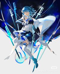 Rule 34 | 1girl, ankle boots, blue background, blue eyes, blue footwear, blue hair, blue skirt, bodice, boots, cape, collared cape, detached sleeves, floating cape, frills, full body, gloves, highres, holding, holding sword, holding weapon, labroiy, leg up, looking at viewer, magical girl, mahou shoujo madoka magica, mahou shoujo madoka magica (anime), miki sayaka, miki sayaka (magical girl), open mouth, short hair, skirt, solo, sword, thighhighs, two-tone background, watermark, weapon, white background, white cape, white gloves, white thighhighs