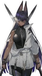 Rule 34 | 1girl, animal ears, arm out of sleeve, arms at sides, belt, black bodysuit, black hair, blue eyes, bodysuit, bodysuit under clothes, breasts, cat ears, coat, commentary, cowboy shot, cross scar, dark-skinned female, dark skin, dual wielding, fur, hair over eyes, heterochromia, highres, holding, holding sword, holding weapon, jewelry, long hair, looking at viewer, noy, original, parted lips, partially unbuttoned, pendant, purple hair, red eyes, reverse grip, scar, scar on arm, simple background, sleeveless, sleeves past elbows, sleeves rolled up, slit pupils, solo, sword, thigh gap, very long hair, weapon, white background, white coat, wristband
