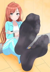 Rule 34 | 1girl, absurdres, arisugawa natsuha, bad id, bad pixiv id, black socks, crossed arms, feet, greek toe, grey eyes, highres, idolmaster, idolmaster shiny colors, long hair, looking at viewer, orange hair, pov, smile, socks, soles, solo, steam, toes