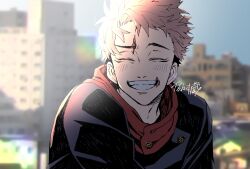 Rule 34 | 1boy, black jacket, blurry, blurry background, building, city, closed eyes, closed mouth, commentary request, day, facing viewer, grin, highres, itadori yuuji, jacket, jujutsu kaisen, light blush, light brown hair, male focus, nostrils, open mouth, outdoors, sasaki kura, scar, scar on face, short hair, sidelighting, signature, smile, solo, sunlight, teeth, upper body