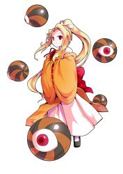 Rule 34 | 1girl, alphes (style), black footwear, blonde hair, bow, closed mouth, dairi, detached sleeves, eyeball, eyebrows, frown, full body, hair ribbon, high ponytail, highres, japanese clothes, long hair, long skirt, long sleeves, orange shirt, parody, red bow, red eyes, ribbon, ribbon-trimmed clothes, ribbon-trimmed sleeves, ribbon trim, shirt, shoes, single hair intake, skirt, solo, standing, style parody, touhou, touhou (pc-98), transparent background, undershirt, very long hair, white ribbon, white shirt, white skirt, wide sleeves, yuugenmagan