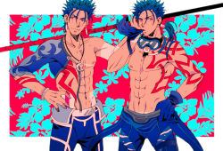 Rule 34 | 2boys, abs, beads, biceps, blue hair, bodypaint, bracelet, charatei, closed mouth, collarbone, crescent, crescent necklace, cu chulainn (fate), cu chulainn (fate/stay night), cu chulainn (second ascension) (fate), detached sleeves, earrings, fang, fate/grand order, fate/stay night, fate (series), floating hair, floral background, gae bolg (fate), gloves, goggles, goggles around neck, grin, groin, hair beads, hair ornament, hand on own hip, holding, holding polearm, holding weapon, jewelry, long hair, male focus, multiple boys, muscular, muscular male, navel, necklace, nipples, official alternate costume, pectorals, polearm, polearm behind back, ponytail, red eyes, removing glove, short hair, single sleeve, skin tight, smile, snorkel, spiked hair, sweat, tan, tanline, topless male, weapon, wet