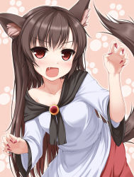 Rule 34 | 1girl, animal ears, blush, brooch, brown hair, dress, fang, fingernails, highres, imaizumi kagerou, jewelry, long hair, long sleeves, looking at viewer, open mouth, outline, paw print, red eyes, smile, solo, sweatdrop, tail, tokugawa landine, touhou, wolf ears, wolf tail
