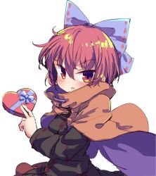 Rule 34 | 1girl, black shirt, blue bow, blush, bow, box, cloak, commentary, hair bow, heart-shaped box, isu (is88), long sleeves, looking at viewer, open mouth, red eyes, red hair, sekibanki, shirt, short hair, simple background, touhou, white background