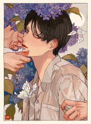 Rule 34 | 1boy, 2others, absurdres, bishounen, black hair, blue flower, border, breast pocket, brown eyes, bug, butterfly, buttons, closed mouth, collared shirt, flower, from side, highres, hydrangea, insect, kagoya1219, leaf, looking at viewer, looking to the side, male focus, multiple others, original, out of frame, plant, pocket, purple flower, shirt, short hair, signature, solo focus, upper body, white border, white butterfly, white shirt