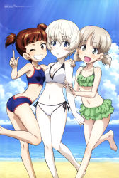 Rule 34 | 3girls, :d, abe munetaka, absurdres, aki (girls und panzer), arm at side, arm grab, ass, barefoot, beach, bikini, blue bikini, blue sky, blunt bangs, blush, breasts, brown hair, cleavage, cloud, collarbone, day, feet, flat chest, girls und panzer, green bikini, grin, hair between eyes, hand on another&#039;s shoulder, highres, horizon, index finger raised, light brown hair, looking at viewer, medium breasts, megami magazine, mikko (girls und panzer), multiple girls, navel, ocean, official art, open mouth, outdoors, parted lips, short hair, sky, small breasts, smile, standing, standing on one leg, stomach, sunlight, swimsuit, teeth, toes, twisted torso, white bikini, white hair, youko (girls und panzer)