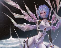 1girl absurdres arm_behind_back ayanami_rei blue_hair bodysuit breasts closed_mouth commentary covered_erect_nipples covered_navel hair_between_eyes headgear highres interface_headset kamoto_re75 korean_commentary large_breasts neon_genesis_evangelion plugsuit red_eyes short_hair solo white_bodysuit wings