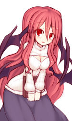 Rule 34 | 1girl, bent over, book, breasts, cleavage, cleavage cutout, clothing cutout, demon girl, demon wings, head wings, koakuma, kuresento, large breasts, long hair, long sleeves, looking at viewer, meme attire, open-chest sweater, red eyes, red hair, ribbed sweater, smile, solo, sweater, touhou, turtleneck, v arms, very long hair, wings