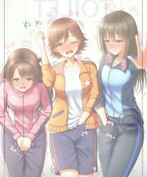 Rule 34 | 3girls, apotea, arm up, between legs, black pants, blue eyes, blue jacket, blue shorts, blush, breasts, brown eyes, brown hair, collarbone, door, door knob, embarrassed, english text, female focus, half-closed eye, half-closed eyes, hand beneath clothes, hand between legs, hand in pocket, hands together, have to pee, heavy breathing, highres, honda mio, idolmaster, idolmaster cinderella girls, jacket, japanese text, jewelry, knocking, legs together, long hair, long sleeves, looking at viewer, matching hair/eyes, medium breasts, multiple girls, necklace, nose blush, one eye closed, open mouth, orange jacket, outstretched arm, pants, pink jacket, shibuya rin, shimamura uzuki, shirt, short hair, shorts, simple background, speech bubble, standing, star (symbol), sweat, tears, teeth, text focus, translation request, trembling, white background, white shirt, x-ray, yellow eyes, zipper, zipper pull tab