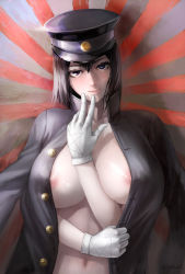 Rule 34 | 10s, 1girl, akitsu maru (kancolle), areola slip, black hair, breasts, come hither, female focus, gloves, hat, huge breasts, kantai collection, large breasts, lips, looking at viewer, military, military uniform, nipples, no bra, open clothes, open shirt, pale skin, peaked cap, sgk, shirt, short hair, solo, uniform, upper body