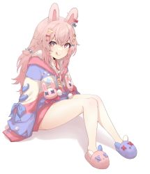 Rule 34 | 1girl, :q, absurdres, animal ears, animal slippers, bottomless, braid, breasts, buttons, closed mouth, cowlick, full body, hair ornament, heart, heart hair ornament, highres, knees together feet apart, long hair, looking at viewer, multicolored clothes, no pants, phase connect, pink eyes, pink hair, pipkin pippa, pipkin pippa (1st costume), rabbit ears, rabbit hair ornament, sidelocks, sitting, sleeves past fingers, sleeves past wrists, slippers, small breasts, smile, solo, star (symbol), star hair ornament, tongue, tongue out, valefal coneri, virtual youtuber, white background