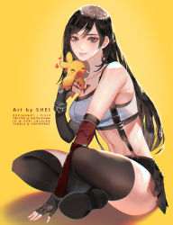 Rule 34 | 1girl, bare shoulders, black skirt, breasts, brown hair, chocobo, cleavage, crop top, crossed legs, elbow gloves, final fantasy, final fantasy vii, fingerless gloves, gloves, highres, large breasts, long hair, midriff, miniskirt, pleated skirt, shei99, shirt, sitting, skirt, smile, suspender skirt, suspenders, tank top, taut clothes, taut shirt, thighhighs, thighs, tifa lockhart, white tank top
