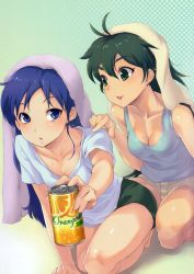 Rule 34 | 2girls, absurdres, bare legs, barefoot, blue eyes, blue hair, breasts, can, cleavage, collarbone, drink can, ganaha hibiki, green eyes, green hair, halftone, halftone background, highres, idolmaster, idolmaster (classic), kisaragi chihaya, kneeling, long hair, mikel (4hands), multiple girls, parted lips, pointing, scan, short shorts, shorts, small breasts, smile, soda can, sweat, tank top, towel, towel on head