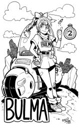 Rule 34 | 1girl, artist name, bow, braid, braided ponytail, bulma, capsule, character name, cloud, dated, dragon ball, dragon radar, dress, full body, gloves, greyscale, hair bow, hair tie, hand on own hip, mike luckas, monochrome, pouch, short dress, signature, single braid, single glove, smile, solo, thumbs up, vehicle, watch, wristwatch