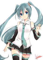 Rule 34 | 1girl, aqua hair, artist name, bad id, bad pixiv id, blue eyes, detached sleeves, hatsune miku, kouta (ajtda), long hair, necktie, simple background, skirt, solo, thighhighs, twintails, very long hair, vocaloid, white background