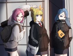 Rule 34 | 3girls, :d, absurdres, backpack, bag, bamul, black jacket, blonde hair, blue eyes, blue hair, braid, collared shirt, commentary request, covering own mouth, cowboy shot, girls&#039; frontline, hair bun, hands in pockets, highres, hood, hood down, hoodie, jacket, korean commentary, long hair, looking at another, mk 153 (girls&#039; frontline), multiple girls, necktie, open mouth, pink eyes, pink hair, red necktie, shirt, shoulder bag, sidelocks, smile, walking, white hoodie, white shirt