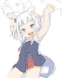 Rule 34 | 1girl, :d, animal, animal ears, arms up, blue dress, blue hair, buttons, cat ears, child, cube hair ornament, dress, fang, fins, fish, fish tail, flat chest, gawr gura, gawr gura (casual), hair ornament, ham (points), holding, holding animal, holding fish, hololive, hololive english, legs apart, light blue hair, multicolored hair, open mouth, pinafore dress, shark tail, short dress, short hair, short sleeves, side ponytail, simple background, skin fang, sleeveless, sleeveless dress, smile, solo, standing, streaked hair, tail, two-tone hair, virtual youtuber, white background, white hair