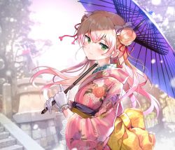 Rule 34 | 1girl, alternate costume, blonde hair, blush, bow, closed mouth, commentary, day, double bun, floating hair, floral print, gloves, gradient hair, green eyes, hair between eyes, hair bun, hair ribbon, highres, holding, holding umbrella, hololive, japanese clothes, kimono, lace, lace-trimmed kimono, lace trim, large bow, long hair, looking at viewer, momosuzu nene, multicolored hair, nishizawa, obi, outdoors, parasol, pink hair, pink kimono, pink ribbon, purple umbrella, red ribbon, ribbon, sash, smile, solo, stairs, striped clothes, striped kimono, tree, two-tone hair, umbrella, upper body, vertical-striped clothes, vertical-striped kimono, virtual youtuber, white gloves, wide sleeves, yellow bow