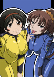 Rule 34 | 10s, 2girls, black hair, blue bodysuit, blue eyes, blush, bodysuit, breast lift, breasts squeezed together, breasts, brown eyes, brown hair, cleavage, crest, epaulettes, hairband, harada shoutarou, highres, kiryuu mikage, large breasts, long hair, military, military uniform, multiple girls, naughty face, ponytail, saijou miki, scrunchie, smile, tongue, tongue out, uchuu senkan yamato, uchuu senkan yamato 2199, uniform
