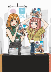 Rule 34 | 2girls, :d, arms up, blush, book, book stack, breasts, closed mouth, doushimasho, green shirt, grey eyes, grey skirt, hands up, highres, holding, holding book, id card, indoors, lanyard, long hair, medium breasts, multiple girls, office lady, open mouth, orange hair, original, pink hair, red eyes, shirt, skirt, smile, standing, sweater, turtleneck, turtleneck sweater, watch, wristwatch, yellow shirt