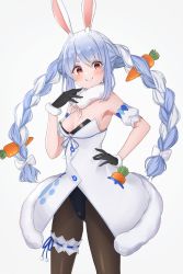 Rule 34 | 1girl, :&gt;, animal ear fluff, animal ears, black gloves, black leotard, black pantyhose, blue hair, blue ribbon, blush, bow, bra, braid, breasts, bridal garter, carrot, carrot hair ornament, cleavage, closed mouth, commentary request, detached sleeves, don-chan (usada pekora), dress, feet out of frame, food-themed hair ornament, fur trim, gloves, hair between eyes, hair bow, hair ornament, hand on own hip, higashigure, highres, hololive, leotard, long hair, looking at viewer, multicolored hair, orange eyes, pantyhose, pocket, pom pom (clothes), puffy short sleeves, puffy sleeves, rabbit-shaped pupils, rabbit ears, rabbit girl, ribbon, short sleeves, sidelocks, silver hair, simple background, small breasts, solo, standing, symbol-shaped pupils, thick eyebrows, twin braids, twintails, two-tone hair, underwear, usada pekora, usada pekora (1st costume), v-shaped eyebrows, very long hair, virtual youtuber, white background, white bow, white dress