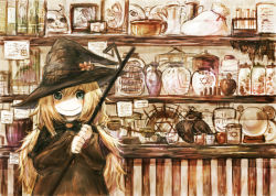 Rule 34 | 1girl, bad id, bad pixiv id, blonde hair, hat, morikawa sumio, original, shelf, smile, solo, witch, witch hat