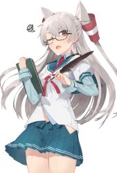 Rule 34 | 1girl, amatsukaze (kancolle), bare hips, brown eyes, clipboard, cosplay, glasses, hair ribbon, hair tubes, hayashi kewi, hip vent, kantai collection, long hair, looking at viewer, navel, one eye closed, ooyodo (kancolle), ooyodo (kancolle) (cosplay), open mouth, pleated skirt, quill, ribbon, school uniform, semi-rimless eyewear, serafuku, silver hair, simple background, skirt, solo, tress ribbon, two side up, white background