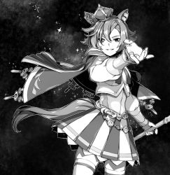 Rule 34 | 1girl, animal ears, cane, cape, cowboy shot, crown, greyscale, highres, holding, holding cane, horse ears, horse girl, horse tail, long sleeves, looking at viewer, mini crown, monochrome, nanaheibei 3, reaching, reaching towards viewer, shirt, short hair, skirt, smile, solo, standing, t.m. opera o (umamusume), tail, thighhighs, umamusume