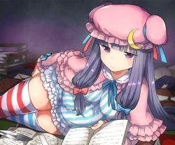 Rule 34 | 1girl, album cover, blush, book, book stack, cover, crescent, crescent hair ornament, hair ornament, hair ribbon, hat, ichihaya, lying, mob cap, on side, patchouli knowledge, purple eyes, purple hair, ribbon, solo, striped clothes, striped thighhighs, thighhighs, touhou, vertical stripes