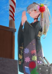Rule 34 | 1girl, ;), alternate costume, amatsukaze (kancolle), black kimono, blue sky, brown eyes, day, floral print, from below, furisode, hatsumoude, highres, japanese clothes, kamome donburi, kantai collection, kimono, long hair, looking at viewer, new year, one eye closed, own hands together, rensouhou-kun, silver hair, sky, smile, two side up