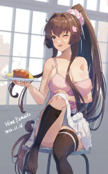 Rule 34 | 1girl, alternate costume, artist name, black thighhighs, blush, breasts, brown eyes, brown hair, chair, cleavage, collarbone, dated, flower, food, hair between eyes, hair flower, hair ornament, highres, himeyamato, holding, holding plate, kantai collection, large breasts, long hair, omelet, omurice, one eye closed, open mouth, pink flower, plate, pleated skirt, ponytail, signature, sitting, skirt, smile, solo, thighhighs, very long hair, white skirt, yamato (kancolle)